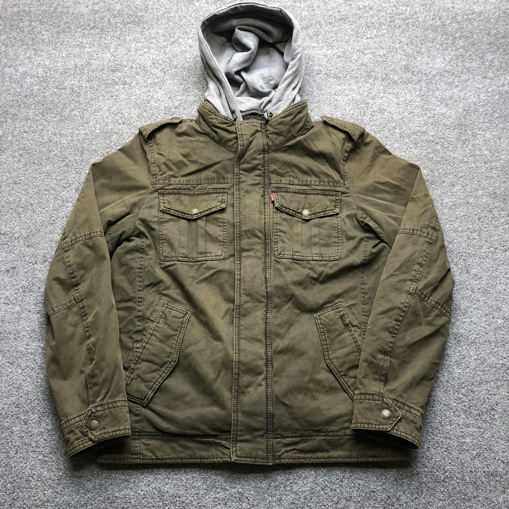 Levi's Jacket Mens Small Green Canvas Hooded Military Full Zip Lined Outdoor